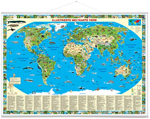 Carte du monde illustrée animaux grand format poster mural lattes métal