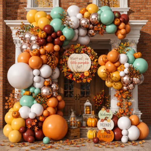 Image of Fall Balloon Garland Arch Kit Burnt Orange Little Pumpkin Party Decorations | 124pcs Terracotta Coffee Sand White & Sage Green Metallic Gold Thanksgiving Balloon Autumn Harvest Birthday Baby Shower Decor