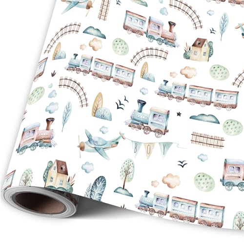 ZDSPIDE Train Wrapping Paper-17 inch x 16.4 ft Gift Wrap with Colorful Trains & Railway Track Design Thick Paper for Kids Boys Birthday Baby Shower & Party Gifts