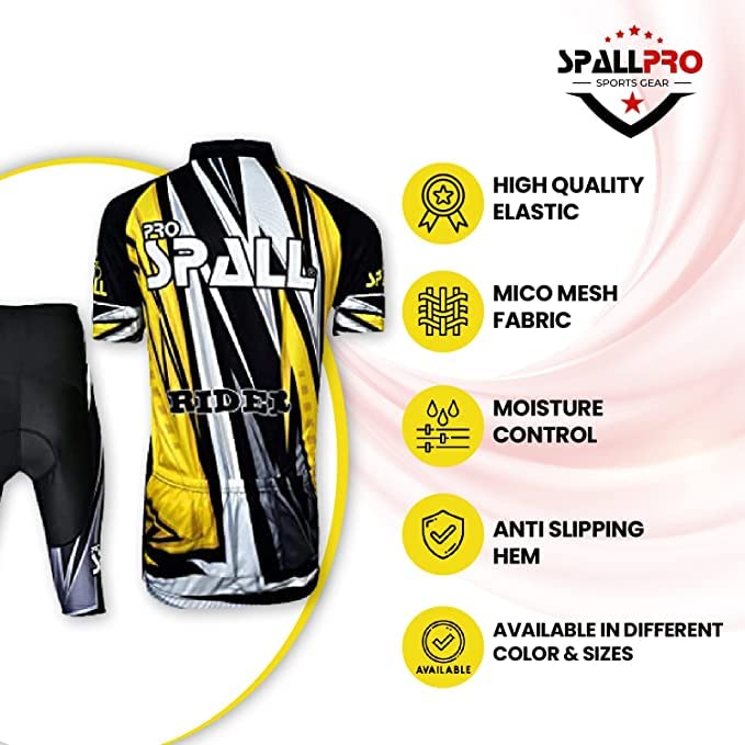 SPALL PRO US Breathable Cycling Jersey Men Set - Short Sleeves Full Zipper Quick-Dry Bike Shirt with Pockets + Padded Shorts (Yellow, Medium)