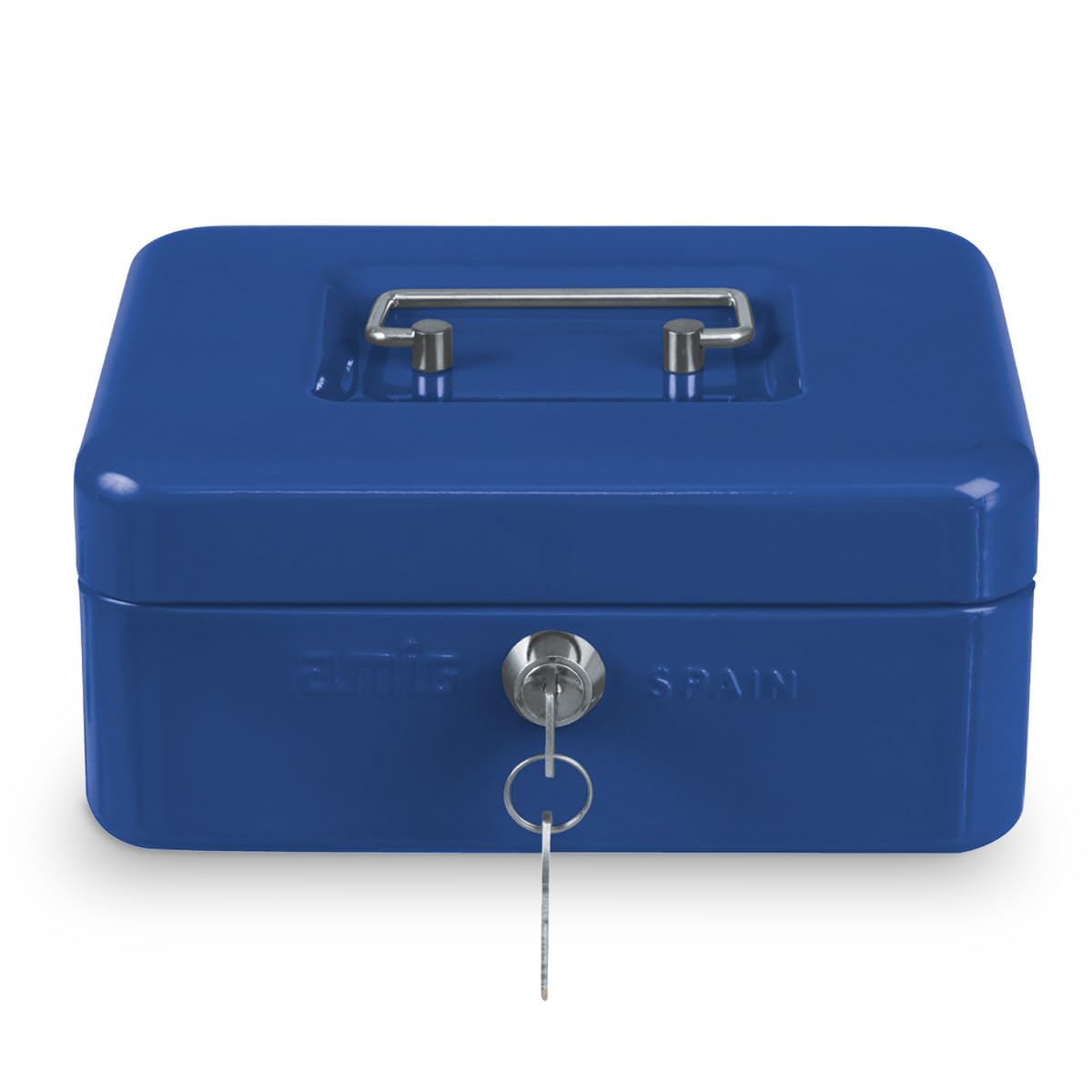 Amig Blue - Secure Cash Box | Nickel-Plated Key Lock | Steel Construction | Portable With Handle | For Home, Office, Travel | Efficient Coin And Note Organisation, 250 X 180 X 90 Mm, Alloy Steel