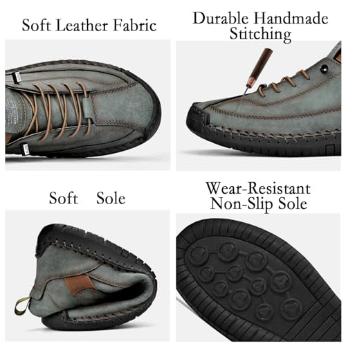 Men'S Hand Stitching Leather Chukka Ankle Boots with Adjustable Elastic Band Casual Slip-On Non-Slip Walking Loafers Retro High Top Flat Shoes3