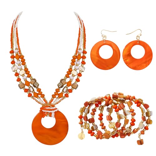 Coiris Orange Jewelry Sets for Women 4 Pcs Chunky Beaded Mrs Roper Costume Jewelry for Women Boho Multi Strand Colorful Shell Necklace for Women(ST0026-Orange)