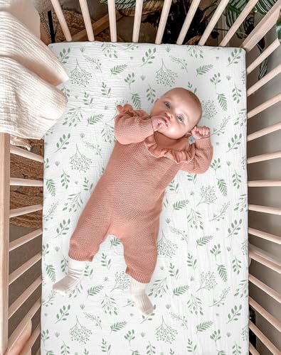 Image of Crib Sheets for Baby Boy Girl 2 Pack, Fitted Crib Mattress Sheet 28 inch x 52 inch, Muslin Toddler Bedding with Neutral Style, Nursery Bedding Essentials (Fern Leaf & Sage)