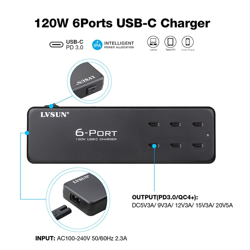 120W USB C Charging Station, GaN 6 Port USB Type-C Desktop Charging Hub Block, Wall Fast Charger for MacBook Pro/Air, iPhone 14/13/13 Pro/12, Laptop, Tablet, iPad Pro, Galaxy and More, Black
