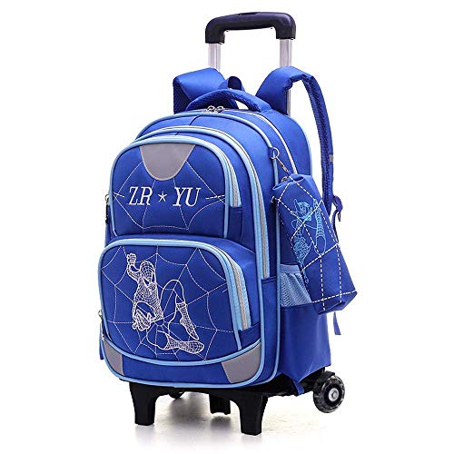 YX Backpack Rodando Carro Mochila Spiderman Escuela Primaria Carro para Los Niños Bolsa De Libros con Las Ruedas De Primaria Niño Niña Y Sky Blue-6 Wheels