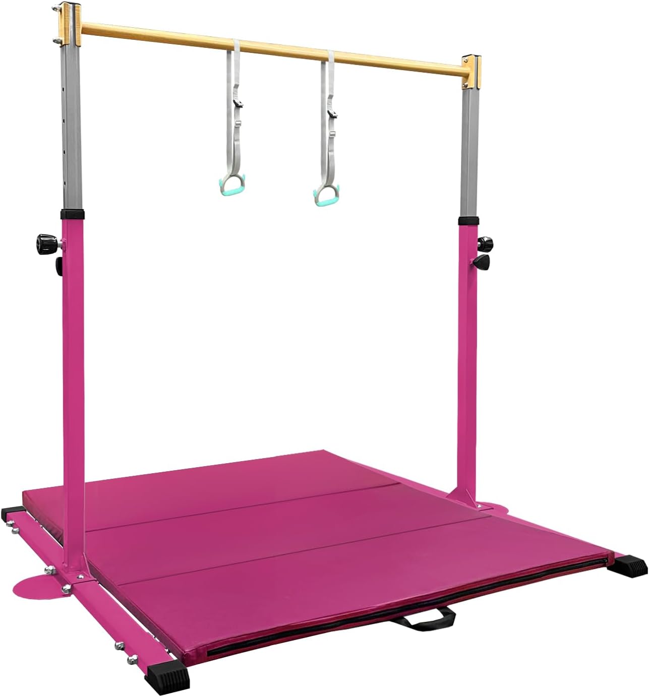 GLANT Gymnastic Kip Bar,Horizontal Bar for Kids Girls Junior,3' to 5' Adjustable Height,Home Gym Equipment,Ideal for Indoor and Home Training,1-4 Levels,300lbs Weight Capacity 5FT Bar with MAT&RING Pink