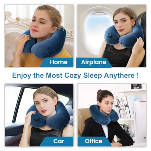 Image of Keemall Inflatable Neck Pillow - Comfortable Velvet U-Shape Travel Pillow for Airplane, Train & Car Journeys, Lightweight with Soft Washable Cover, Travel Essential