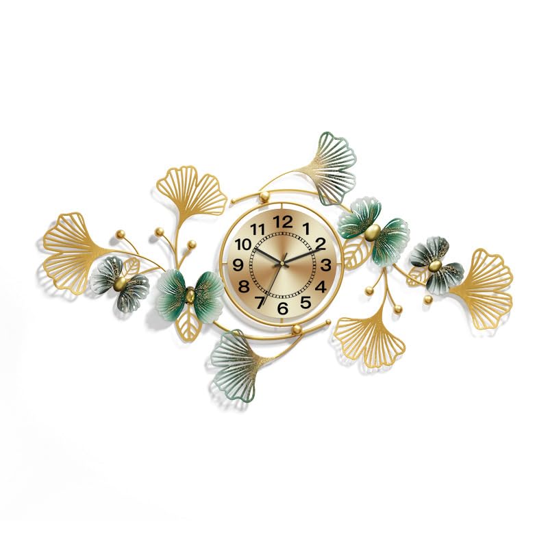 Horloge murale moderne ginkgo et papillon grand format silencieux pour décoration de salon chic