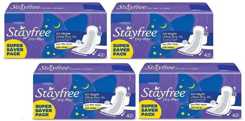 Image of STAYFREE Dry-Max All Night Ultra-Dry Extra Large With Wings XL-42+42+42+42 Pack Of Sanitary Pad (Pack of 168)