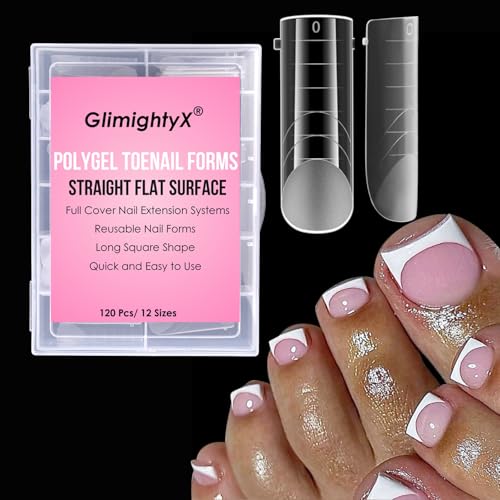 Straight Flat Toe Dual Forms for Polygel GlimightyX Square Toenail Molds Reusable Natural Toe Nail Tips for Polygel Builder Gel Acrylic Extension with French Guidelines 12 Sizes 120Pcs