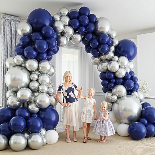 Image of 412Pcs Navy Blue and Silver Balloons Arch Garland Kit,5 10 12 18 inch Navy Blue White Silver Balloons for Birthday Wedding Graduation Anniversary Decorations