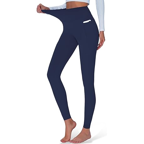High Waisted Yoga Pants with Pockets - Navy Blue Leggings for Women with Tummy Control