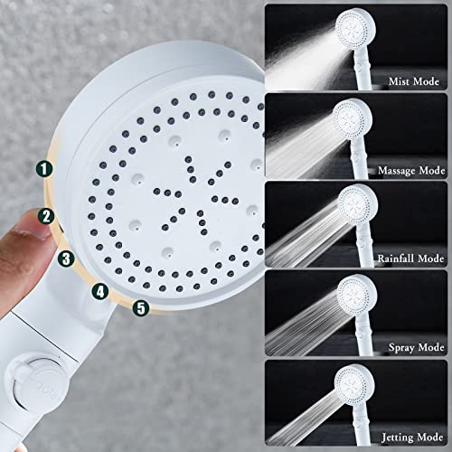 High Pressure Shower Head With 5 Spray Settings,Filtered Handheld Showerheads With On/Off Switch,Powerful Cleaning Spray Gun Mode,Extra Long 59'' Pvc Hose, Adjustable Shower Arm Mount (White) #TOP2