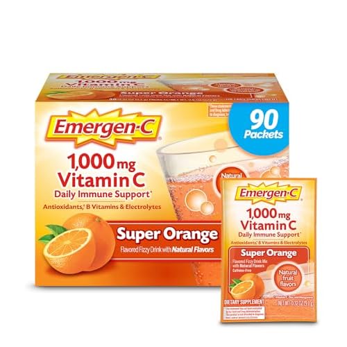 Emergen-C 1000mg Vitamin C Powder for Daily Immune Support Caffeine Free Vitamin C Supplements with Zinc and Manganese, B Vitamins and Electrolytes, Super Orange Flavor – 90 Count/3 Month Supply