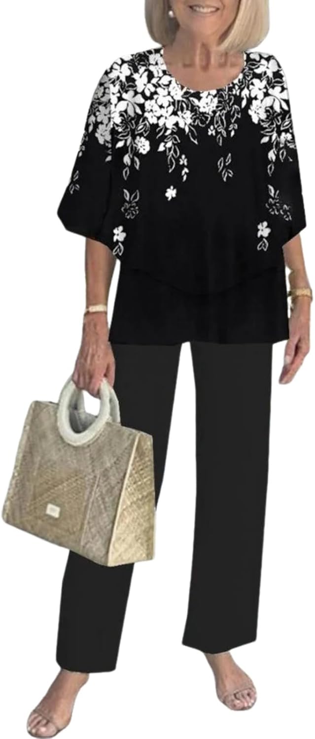 LOZ Lounge Sets for Women 2026 Summer Casual 3/4 Sleeve Shirts Wide Leg Pants Matching Tracksuit Sets Travel Outfits