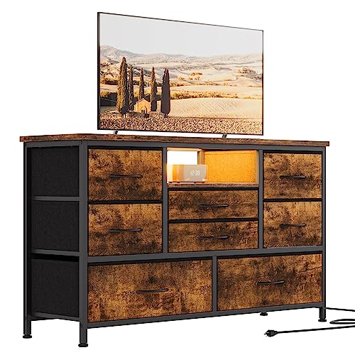 Jojoka 8-Drawer LED Dresser TV Stand with Power Outlet for 55'' TV - Wide Storage Chest for Bedroom, Living Room & Entryway, Wood Top Console Table wi