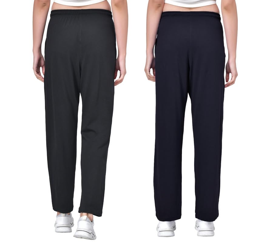 Image of Fflirtygo Cotton Solid Track Pant /Lounge Wear /Pocket Payjama �100% Export Quality Soft Cotton Night Wear /Pocket Pyjama for Women Combo Pack, Black & Blue Pyjama