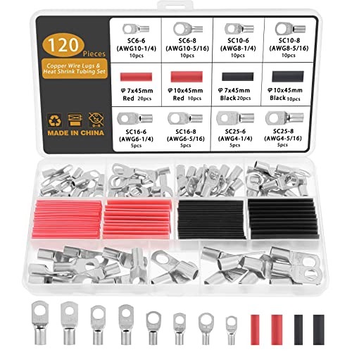Gueenky 120 Pièces Cosse a Sertir 6/10/16/25mm², 8 Tailles M6 M8 Cosse Batterie a Sertir, Cosse Electrique Cosses Tubulaires SC Bornes Cosses de Câble à...