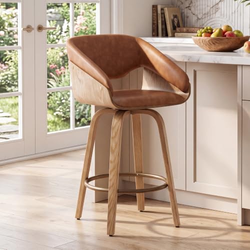 Image of 26 inch Swivel Bar Stool Set of 1, Brown Faux Leather Counter Height Barstool