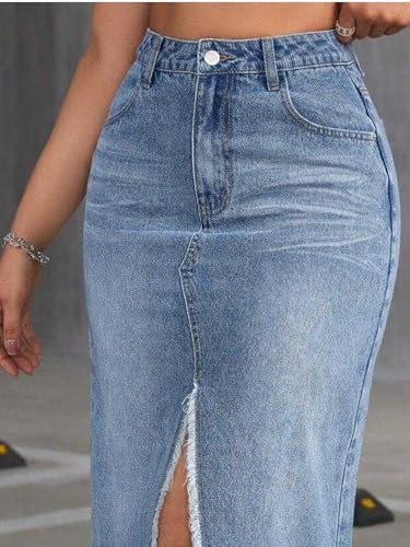Image of GRECIILOOKS Women's High Waist Denim Skirt with Front Slit - Long Maxi Jean Skirt Casual Fashion - Stylish Denim Skirts for Women