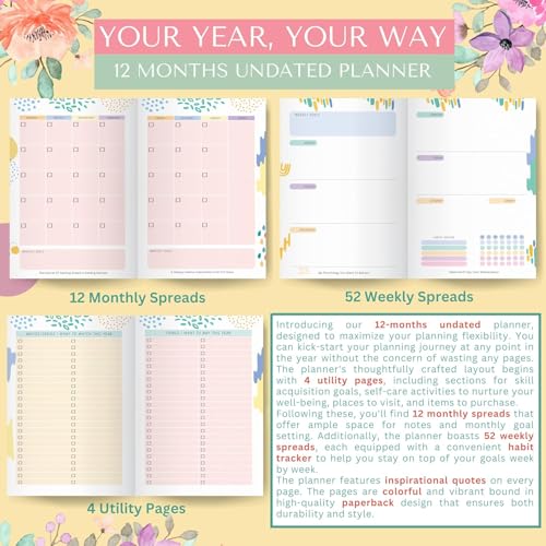 Image of LAURET BLANC 12Months Undated Planner, 12 Monthly Spreads, 52 Weekly Spreads, Habit Tracker, Utility Pages, Paperback (The Secret Of Getting Ahead Is Getting Started)