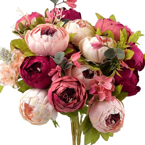 Image of FiveSeasonStuff Pinkish Red and Dusty Pink Vintage Artificial Peonies Silk Flowers and Hydrangeas for Wedding Bridal Home Decor - Beautiful Floral Centerpiece Bouquet (Passion Blush)
