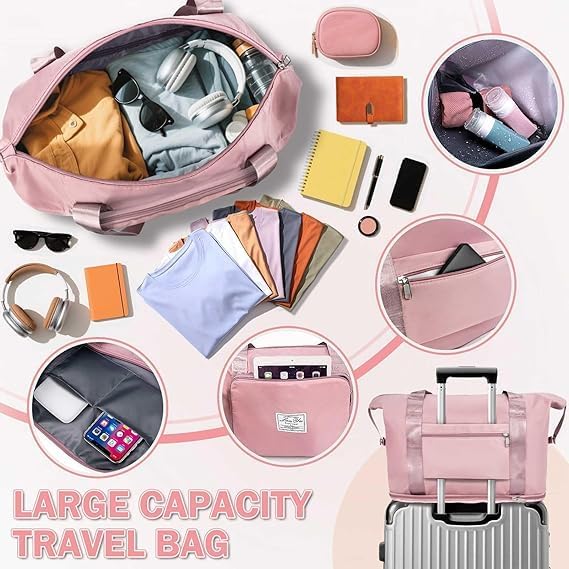 Image of JD Fresh 41 Liter Foldable Travel Bags for Women /Nylon Duffle Bags /Expandable Vanity Travelling Luggage Handbags /Waterproof & Lightweight Shopping Bag for Personal Items (Pink)