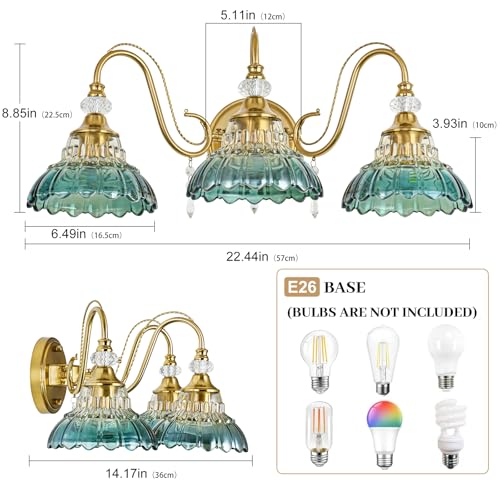 Image of Vintage Bathroom Vanity Light, 3-Light Brushed Gold Finish Wall Sconce with Hanging Crystal Accents and Flower-Shaped Teal Glass Shades, Retro Wall Mount Vanity Light Over Mirror for Bathroom