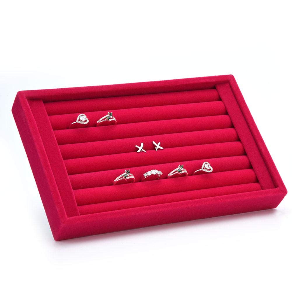 Greensen Jewelry Slot Showcase, Ring Storage Display Box Earring Holder Organizer Jewelry Tray Showcase Velvet Ring Earing Storage Organizer, Red