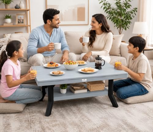 Image of Royal Multipurpose Plastic Coffee Table with Storage Shelf | Ash Grey | Premium Wood Texture Finish | Comfortable Living Room, Bedroom & Balcony Table | Dimensions: 82.5 x 52.5 x 42.5 CM