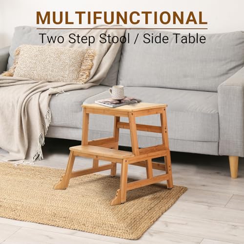 COSYLAND Lernturm ab 18 Monaten - Lernstuhl für Kinder aus Bambus - mit Kippschutz, rutschfesten Matten, 2 Stufen und Sicherheitsbügel - für Bad, Kleinkinderzimmer, Küche - Bambusfarbe