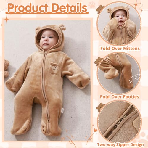 Image of Fairy Baby Newborn Baby Bear Outfit With Fold-Over Mittens Footies Thin Fleece Romper Hooded Jumpsuit Winter Coat Girls Boys