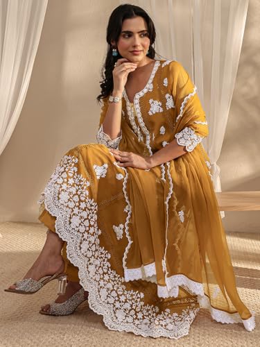 Image of Libas Embroidered Chiffon Anarkali Kurta With Trousers and Dupatta | ethnic wear | bridal suit | occasion wear