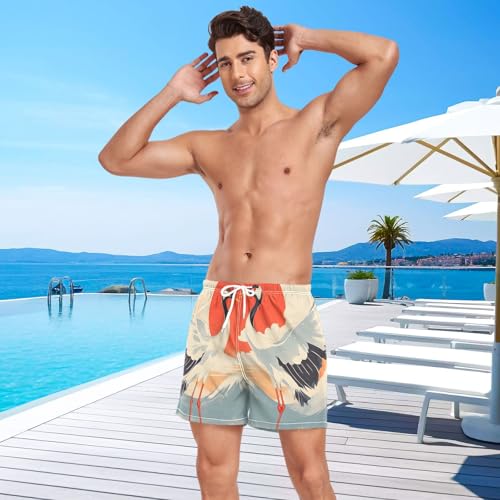 Crane Landscape Red Mens Swim Trunks with Liner, Cool Quick Dry Beach Swim Shorts, Swimwear Bathing Suits S4
