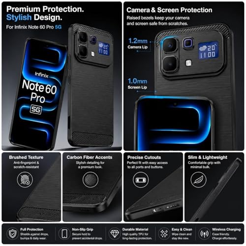 Image of Carbon Fiber Armor Back Cover for Infinix Note 60 Pro 5G | Note 60 Pro 5G | Hybrid Shockproof Rugged Protection | Matte Finish Soft Flexible TPU Case (Black)