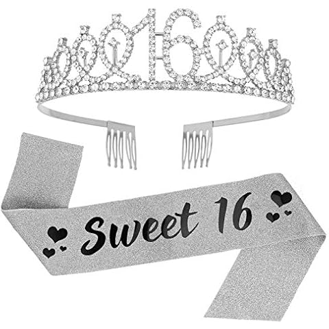 SUSSURRO "Sweet 16 Sash and Rhinestone Tiara Set,16th Birthday Gifts Birthday Sash for Women Birthday Party Supplies( Silver) Cover