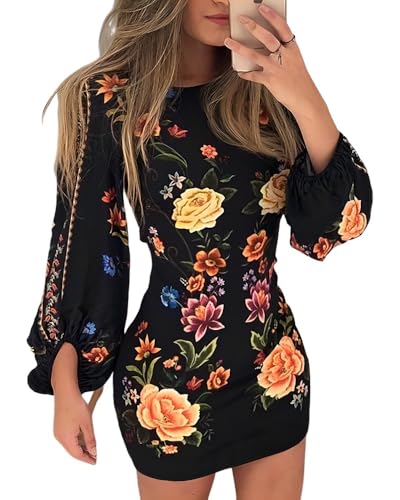 Women's Floral Print Bodycon Dress Lantern Long Sleeve Round Neck Waist Cutout Guest Cocktail Midi Dresses