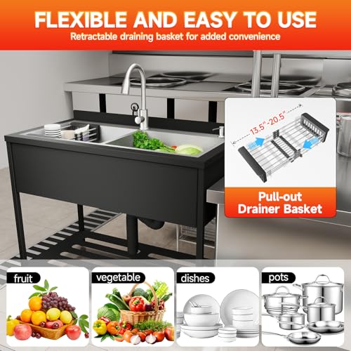 Image of Stainless Steel Utility Sink,47.6 inch x 24.1 inch x 36.6 inch,2 Compartment Sink Freestanding Commercial Sink,with Cold and Hot Water Faucet,Hoses and Drain Kit,Freestanding Sink for Kitchens, Bathrooms