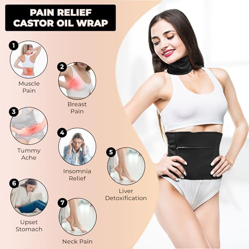 Image of Castor Oil Pack Wrap 4 Pieces Organic Kit, Reusable Adjustable Straps Anti-Leak Compress Pack, Easy Application, Aids Liver Detox, Helps Pain Relief, For Tummy, Neck & Chest, Black