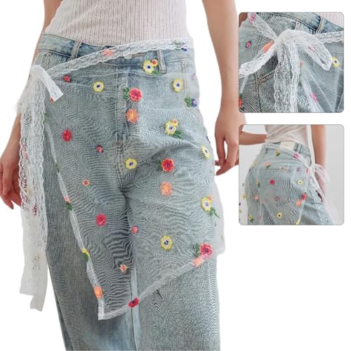 Women Korean Layering Mesh Half Skirt Hip Scarf Embroidery Colorful Flower Hip Covering Lace Up Bandage Apron Wrap Skirt2