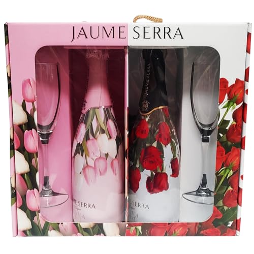 Estuche cava para regalar con copas, 2 botellas de cava Jaume Serra 1 brute y uno rosado y 2 copas de cristal en estuche regalo diseño floreado.