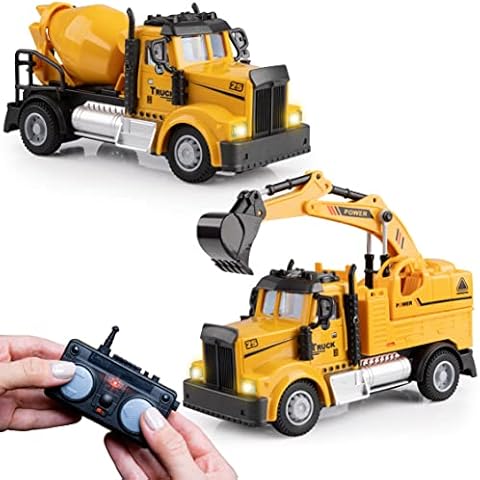 Force1 Mini Construction RC Trucks for Kids - 2 Pack Remote Control Toy Trucks Set with Mini Scoop RC Truck, Mini Cement Mixer Toy Truck 2.4GHz Remote Controls Bright LEDs and RC Toy Batteries Yellow Cover