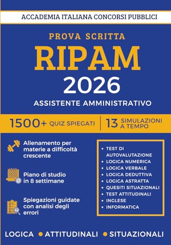 Concorso Assistente Amministrativo RIPAM 2026 - 1500+ Quiz Commentati e Spiegati | 13 Simulazioni per la Preselettiva | Analisi degli errori e Metodo per i Test di Logica, Attitudinali e Situazionali