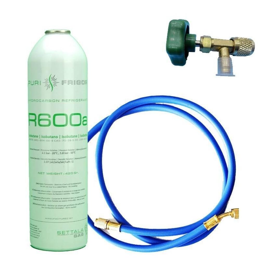 REPORSHOP - Kit Recarga Gas Refrigerante R600a 420g + Manguera de Carga y Válvula de Servicio - Kit para Recargar Nevera, Frigorífico, Freezer, Botellero, Armario Refrigerado
