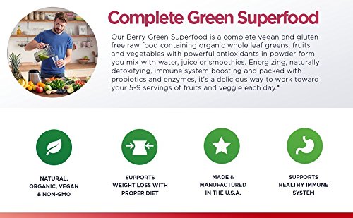 Berry Green Superfood Powder with Organic Greens & Organic Fruits, Enzymes, Probiotics, Antioxidants, Vitamins, Minerals - Alkalize & Detox - Non GMO, Vegan & Gluten Free - 240 Grams...