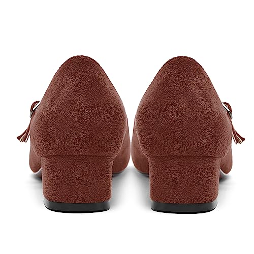 AMBELIGHT Womens Suede Mary Jane Dating Adjustable Strap Buckle Cute Round Toe Solid Block Low Heel Pumps Shoes 1.5 Inch4