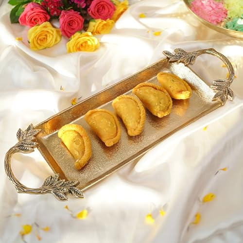 Image of BEHOMA Aluminium Golden Serve Tray with Leaf Handle, 16.7 inch | Golden aluminium serve tray with leaf handle, 16.7 inch; perfect Durga Puja & Navratri serveware.