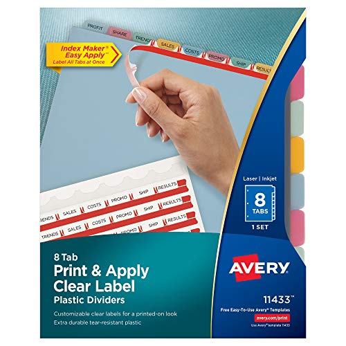 AVERY Plastic 8-Tab Binder Dividers, Easy Print & Apply Clear Label Strip, Index Maker, Multicolor, 1 Set (11433), Clear Buff