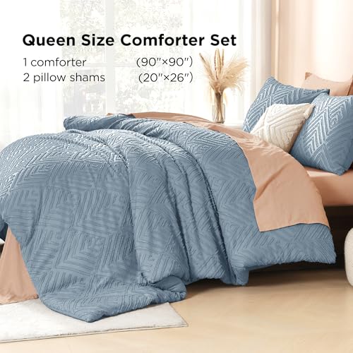 Image of Litanika Grayish Blue Queen Comforter Set, 3 Pieces Tufted Boho Farmhouse Bedding Comforter Sets, Lightweight Fluffy Comforter Bed Set for All Season (90x90In Comforter and 2 Pillowcases)